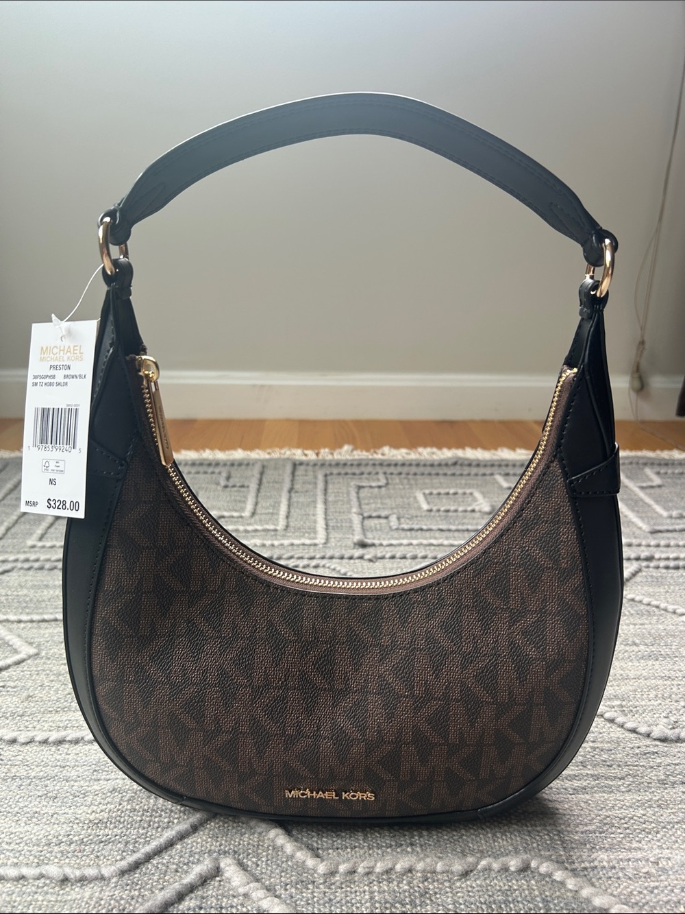 Michael Kors Preston Small Hobo Crescent Shoulder Bag in Brown MK Coated Canvas